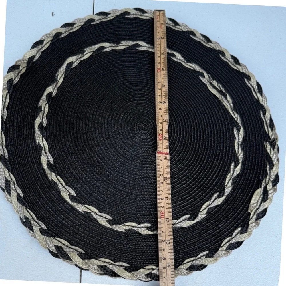 Set of 5 Round Black Woven Placemats with Tan Braided Trim 15 Inch Boho Decor